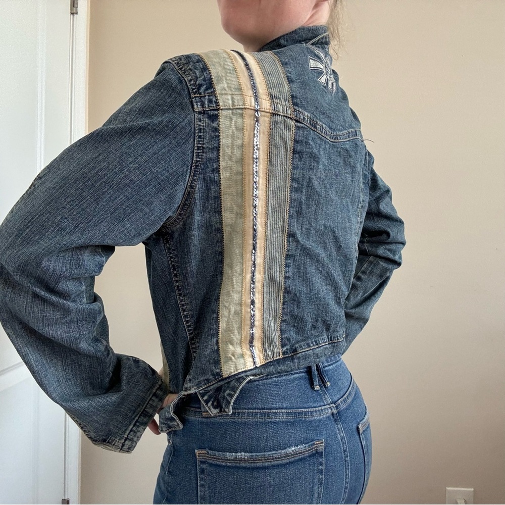 Pepe Jeans London Mixed Media Lace Patchwork Arty Boho Denim Jacket - Picture 2 of 10